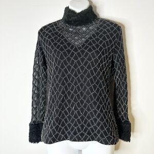 NESS Top Women L Black Silver Faux Fur Trimmed Turtleneck Sheer Regency Glam